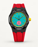 Red textile-effect strap for AP x Swatch Royal Pop Otg Roz, black case (crown at 3 o'clock)