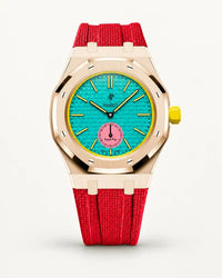 Red textile-effect strap for AP x Swatch Royal Pop Otg Roz, rose gold case (crown at 3 o'clock)