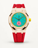 Red textile-effect strap for AP x Swatch Royal Pop Otg Roz, rose gold case (crown at 3 o'clock)