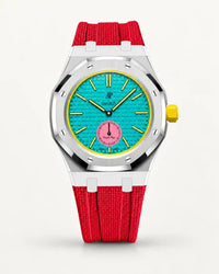 Red textile-effect strap for AP x Swatch Royal Pop Otg Roz, silver case (crown at 3 o'clock)