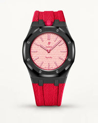 Red textile-effect strap for AP x Swatch Royal Pop Otto Rosso, black case (crown at 12 o'clock)