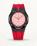 Red textile-effect strap for AP x Swatch Royal Pop Otto Rosso, black case (crown at 12 o'clock)