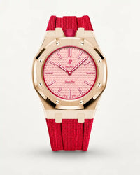 Red textile-effect strap for AP x Swatch Royal Pop Otto Rosso, rose gold case (crown at 12 o'clock)