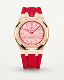 Red textile-effect strap for AP x Swatch Royal Pop Otto Rosso, rose gold case (crown at 12 o'clock)