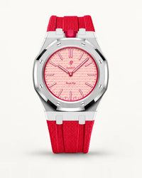 Red textile-effect strap for AP x Swatch Royal Pop Otto Rosso, silver case (crown at 12 o'clock)
