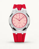 Red textile-effect strap for AP x Swatch Royal Pop Otto Rosso, silver case (crown at 12 o'clock)
