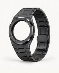 Black steel strap and matching case with black screws for the AP x Swatch Royal Pop