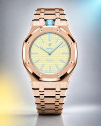 AP x Swatch Royal Pop Blaue Acht on the WatchCollab gold steel bracelet and case, front view