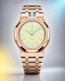 AP x Swatch Royal Pop Blaue Acht on the WatchCollab gold steel bracelet and case, front view