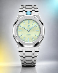 AP x Swatch Royal Pop Blaue Acht on the WatchCollab silver steel bracelet and case, front view