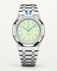 AP x Swatch Royal Pop Blaue Acht on the WatchCollab silver steel bracelet and case, front view