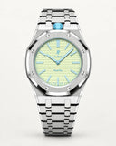 AP x Swatch Royal Pop Blaue Acht on the WatchCollab silver steel bracelet and case, front view
