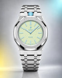 AP x Swatch Royal Pop Blaue Acht on the WatchCollab silver steel bracelet and case, front view
