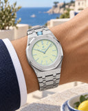 Royal Pop Blaue Acht worn on the wrist with the WatchCollab silver steel integrated bracelet