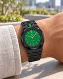 Black steel strap worn on the wrist with the AP x Swatch Royal Pop Green Eight