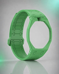 Green silicone link strap and case for the Royal Pop, shown on its own