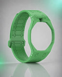 Green silicone link strap and case for the Royal Pop, shown on its own