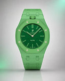 Green link strap and case on an AP x Swatch Royal Pop Green Eight, front view