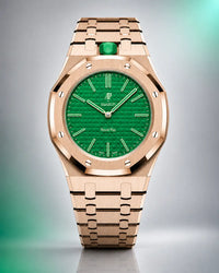 AP x Swatch Royal Pop Green Eight on the WatchCollab gold steel bracelet and case, front view