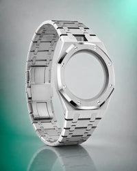 WatchCollab silver steel bracelet and octagonal case for the Royal Pop Green Eight, shown without the watch