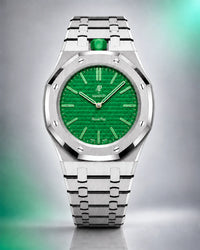 AP x Swatch Royal Pop Green Eight on the WatchCollab silver steel bracelet and case, front view