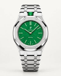AP x Swatch Royal Pop Green Eight on the WatchCollab silver steel bracelet and case, front view