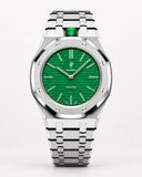 AP x Swatch Royal Pop Green Eight on the WatchCollab silver steel bracelet and case, front view