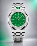 AP x Swatch Royal Pop Green Eight on the WatchCollab silver steel bracelet and case, front view