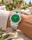 Royal Pop Green Eight worn on the wrist with the WatchCollab silver steel integrated bracelet