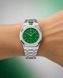 Royal Pop Green Eight worn on the wrist with the WatchCollab silver steel integrated bracelet