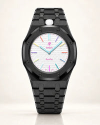Cinturino in acciaio nero con viti nere sull'AP x Swatch Royal Pop Huit Blanc