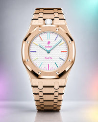 AP x Swatch Royal Pop Huit Blanc on the WatchCollab gold steel bracelet and case, front view