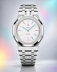 AP x Swatch Royal Pop Huit Blanc on the WatchCollab silver steel bracelet and case, front view