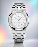 AP x Swatch Royal Pop Huit Blanc on the WatchCollab silver steel bracelet and case, front view