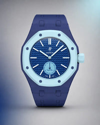 Deep blue link strap and case on an AP x Swatch Royal Pop Lan Ba, front view