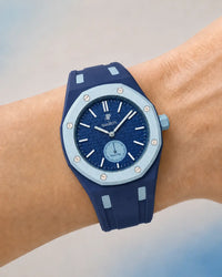 Two-tone rubber strap for Audemars Piguet x Swatch Royal Pop Làn Ba, worn on the wrist