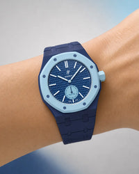 Deep blue link strap for the Royal Pop Lan Ba worn on the wrist
