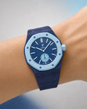Deep blue link strap for the Royal Pop Lan Ba worn on the wrist
