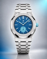 AP x Swatch Royal Pop Làn Ba on the WatchCollab silver steel bracelet and case, front view