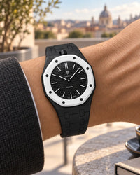 Black link strap for the AP x Swatch Royal Pop Ocho Negro worn on the wrist | WatchCollab