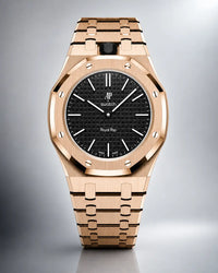 AP x Swatch Royal Pop Ocho Negro on the WatchCollab gold steel bracelet and case, front view