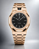 AP x Swatch Royal Pop Ocho Negro on the WatchCollab gold steel bracelet and case, front view