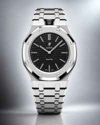 AP x Swatch Royal Pop Ocho Negro on the WatchCollab silver steel bracelet and case, front view