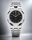 AP x Swatch Royal Pop Ocho Negro on the WatchCollab silver steel bracelet and case, front view
