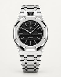 AP x Swatch Royal Pop Ocho Negro on the WatchCollab silver steel bracelet and case, front view