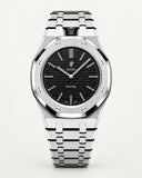 AP x Swatch Royal Pop Ocho Negro on the WatchCollab silver steel bracelet and case, front view
