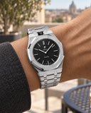 Royal Pop Ocho Negro worn on the wrist with the WatchCollab silver steel integrated bracelet