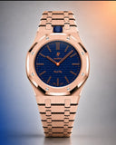 AP x Swatch Royal Pop Orenji Hachi on the WatchCollab gold steel bracelet and case, front view