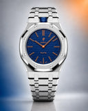 AP x Swatch Royal Pop Orenji Hachi on the WatchCollab silver steel bracelet and case, front view