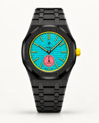 Black steel strap with black screws on the AP x Swatch Royal Pop Otg Roz